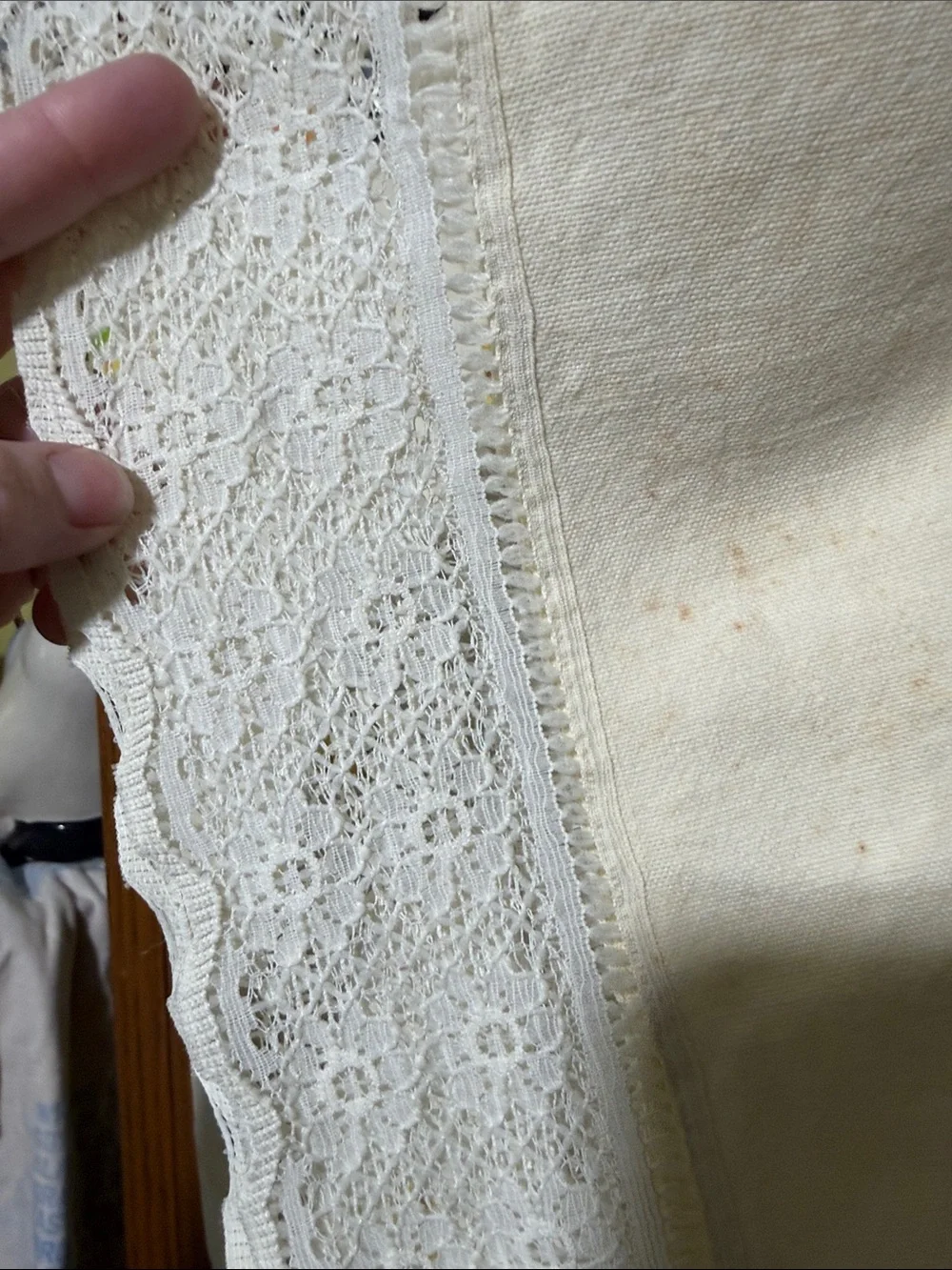 Vintage antique cross stitch fabric and lace yellow floral tablecloth 66x57